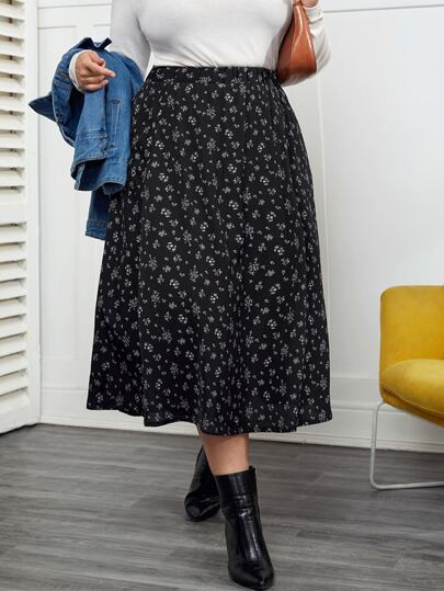 Plus High Waist Ditsy Floral Skirt | SHEIN
