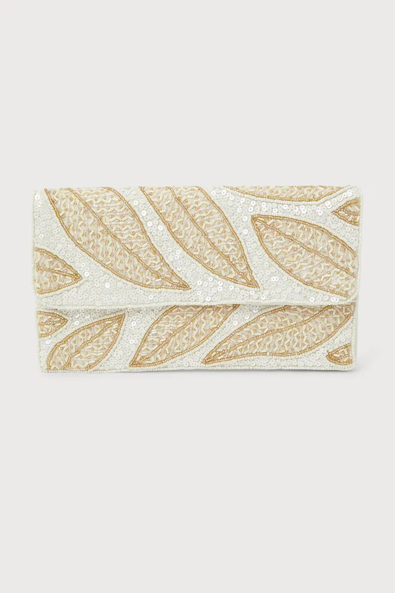 Getaway Glamour Ivory Beaded Sequin Leaf Clutch | Lulus (US)
