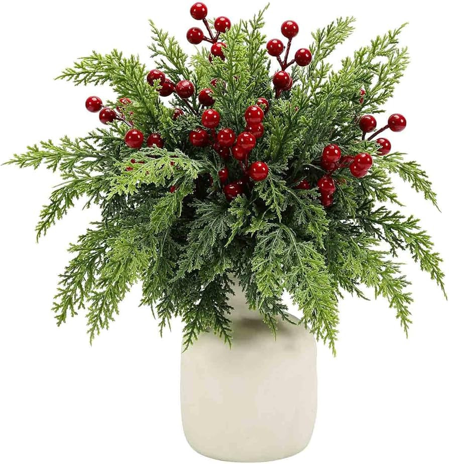 50 PCS Christmas Artificial Pine Picks with Red Berry Stems, 13" Faux Evergreen Norfolk Pine Cypr... | Amazon (US)
