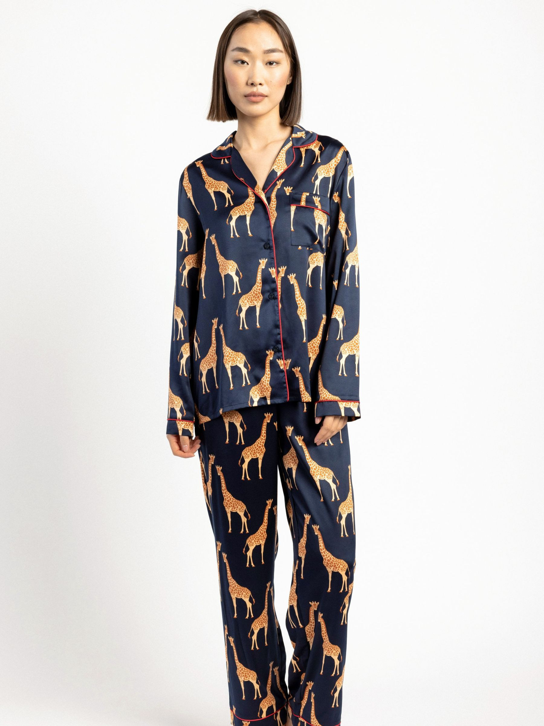 Chelsea Peers Chelsea Peers Blue Satin Giraffe Print Long Pyjama Set | Next US