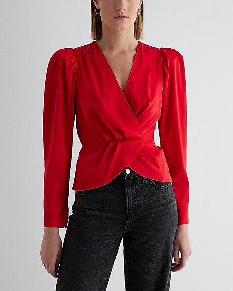 Satin Puff Shoulder Draped Faux Wrap Peplum Top | Express