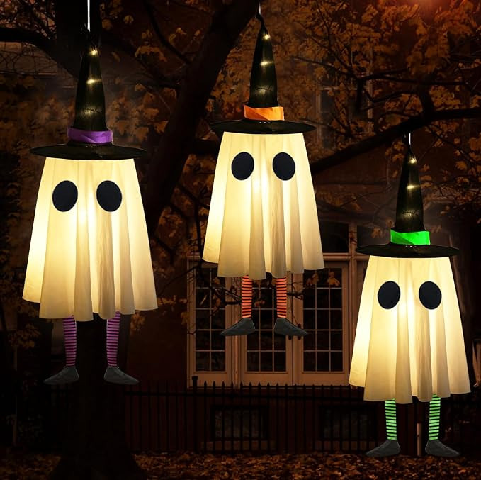 Halloween Hanging Ghosts, Halloween Ghost Decor with Witch Hat for Outdoor | Set of 3, Unique Gho... | Amazon (US)