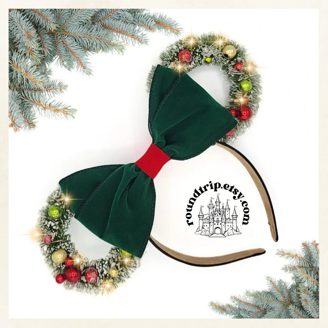 Christmas Minnie Ears: Red Green Wreath Holiday Headband - Etsy | Etsy (US)