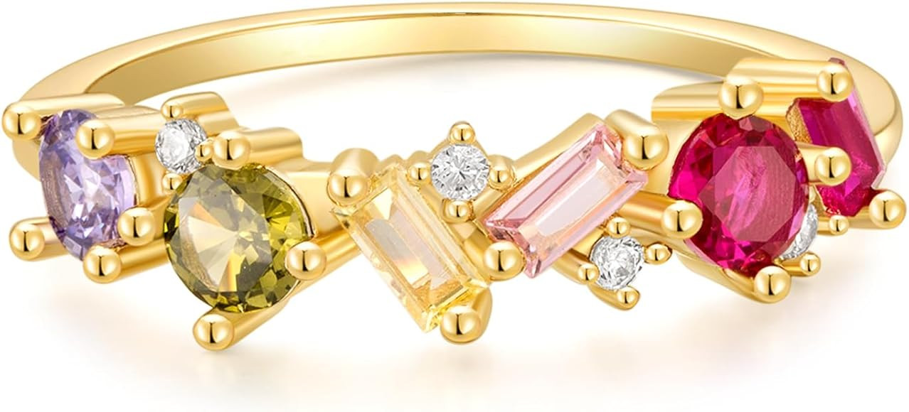 Rainbow Engagement Ring for Women Colorful Round Baguette Cut Cubic Zirconia CZ Stackable Wedding... | Amazon (US)