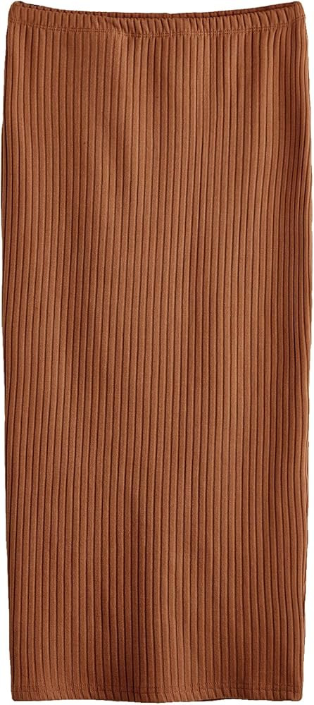 SheIn Women's Basic Plain Stretchy Ribbed Knit Split Full Length Skirt | Amazon (US)