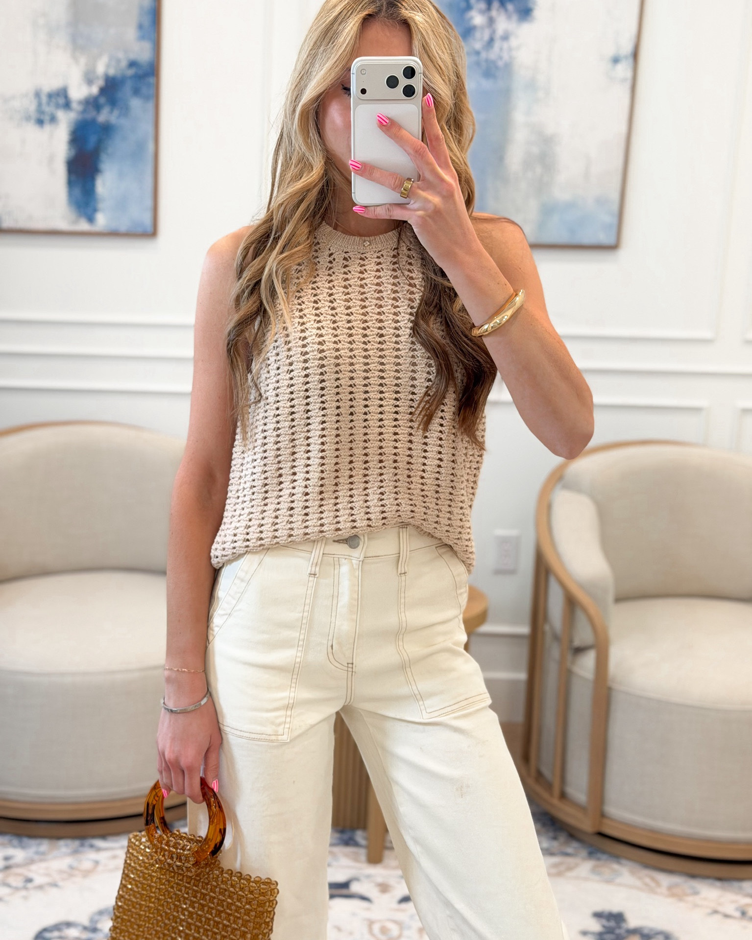 The summer neutral combination that never misses — this oatmeal open knit crochet tank paired with cream wide leg jeans is effortless dressing at its best 🤍✨ Lightweight open knit texture, relaxed fit, and that warm neutral tone that goes with absolutely everything. Styled with a beaded rattan bag with tortoise handle to finish. All Walmart and all worth it. 

#LTKSeasonal #LTKootd #LTKTravel