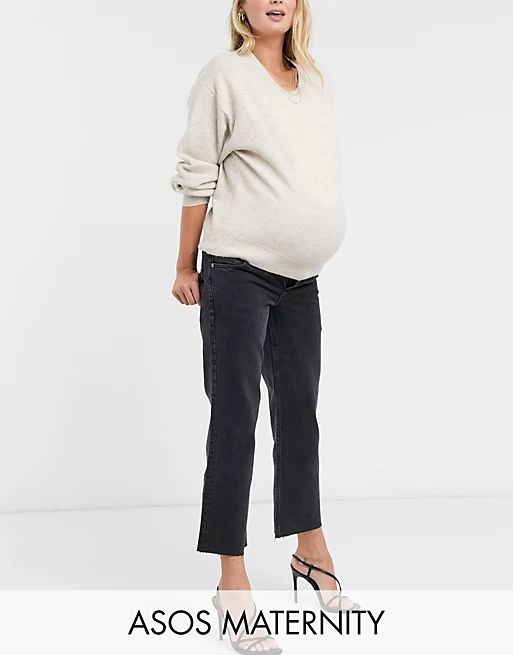 ASOS DESIGN Maternity high rise stretch 'effortless' crop kick flare jeans in black with over the... | ASOS (Global)