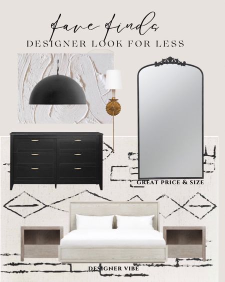 Bedroom designer look for less. Black dresser. Tall black mirror. Platform bed. Nightstands. Sconces. Gold scones. Dome chandelier.

#LTKhome #LTKsalealert