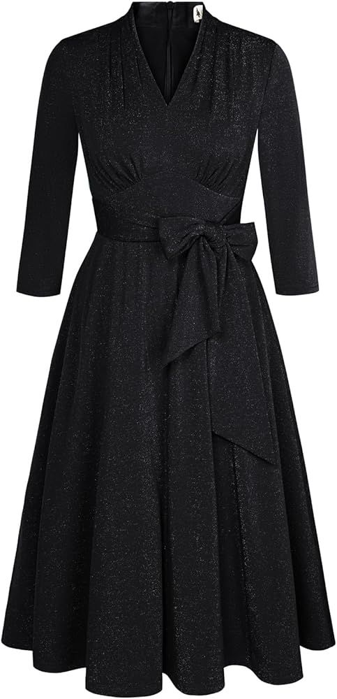 Belle Poque Women's Vintage Glitter Cocktail Dress Ruched V-Neck 3/4 Sleeve Tie Waist A-line Swin... | Amazon (US)