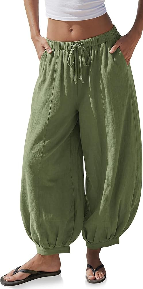 TARSE Women\u2019s Linen Balloon Pants Wide Leg Harem Palazzo Flowy Baggy Casual | Amazon (US)