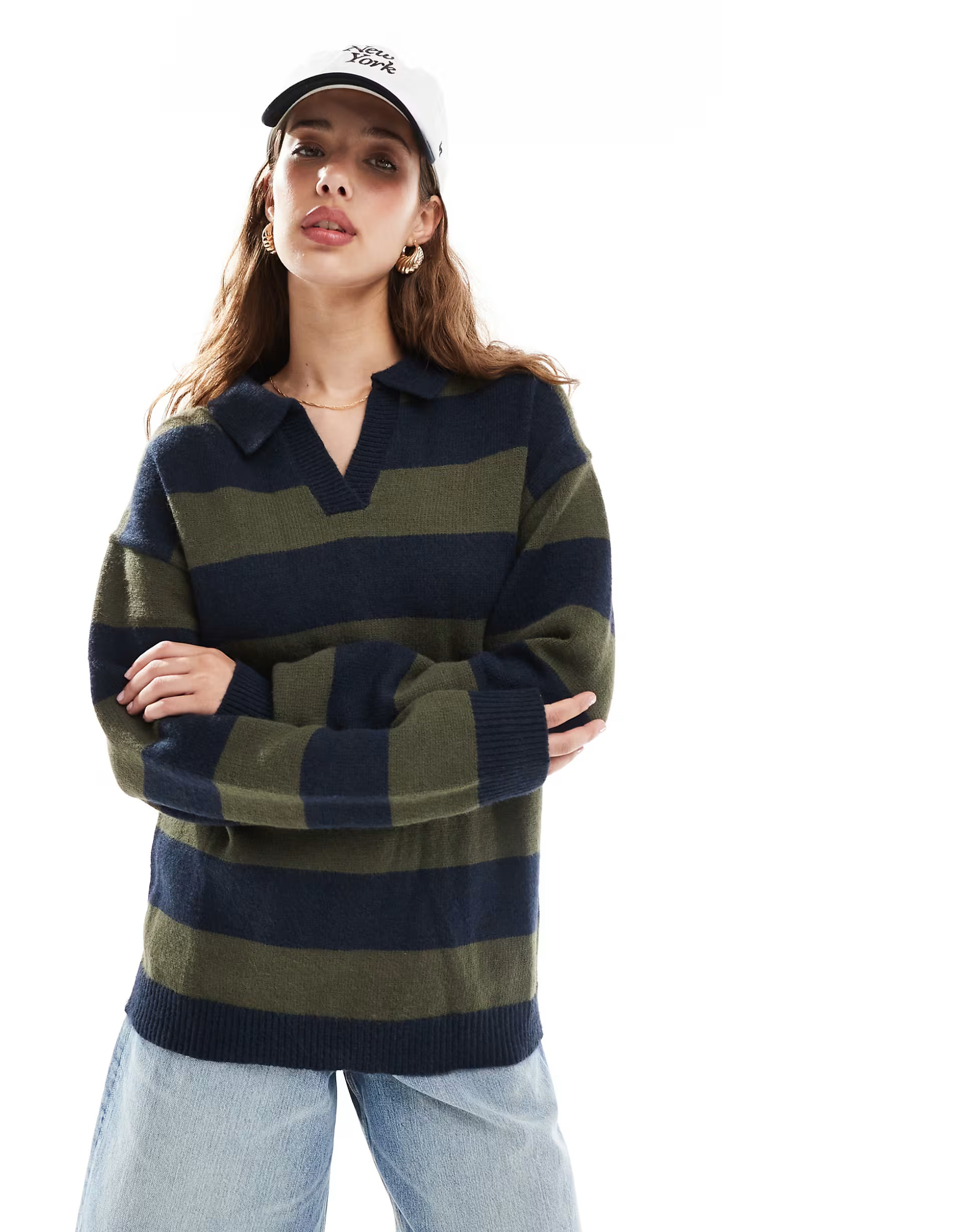 Daisy Street chunky knit rugby top in navy khaki stripe | ASOS (Global)
