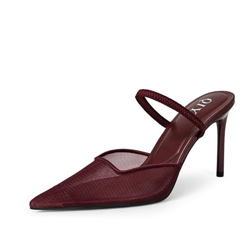 QIY Burgundy Pumps for Women Mules Mesh Heels for Women Sexy Kitten Heel Slides Pointy Closed Toe High Heeled Slip On Stilettos Pumps Sling Back Heels With Straps Comfortable Dress Party Shoes Size 11 | Amazon (US)