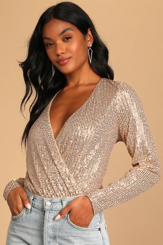 Stunning Forever Rose Gold Sequin Long Sleeve Surplice Bodysuit | Lulus (US)