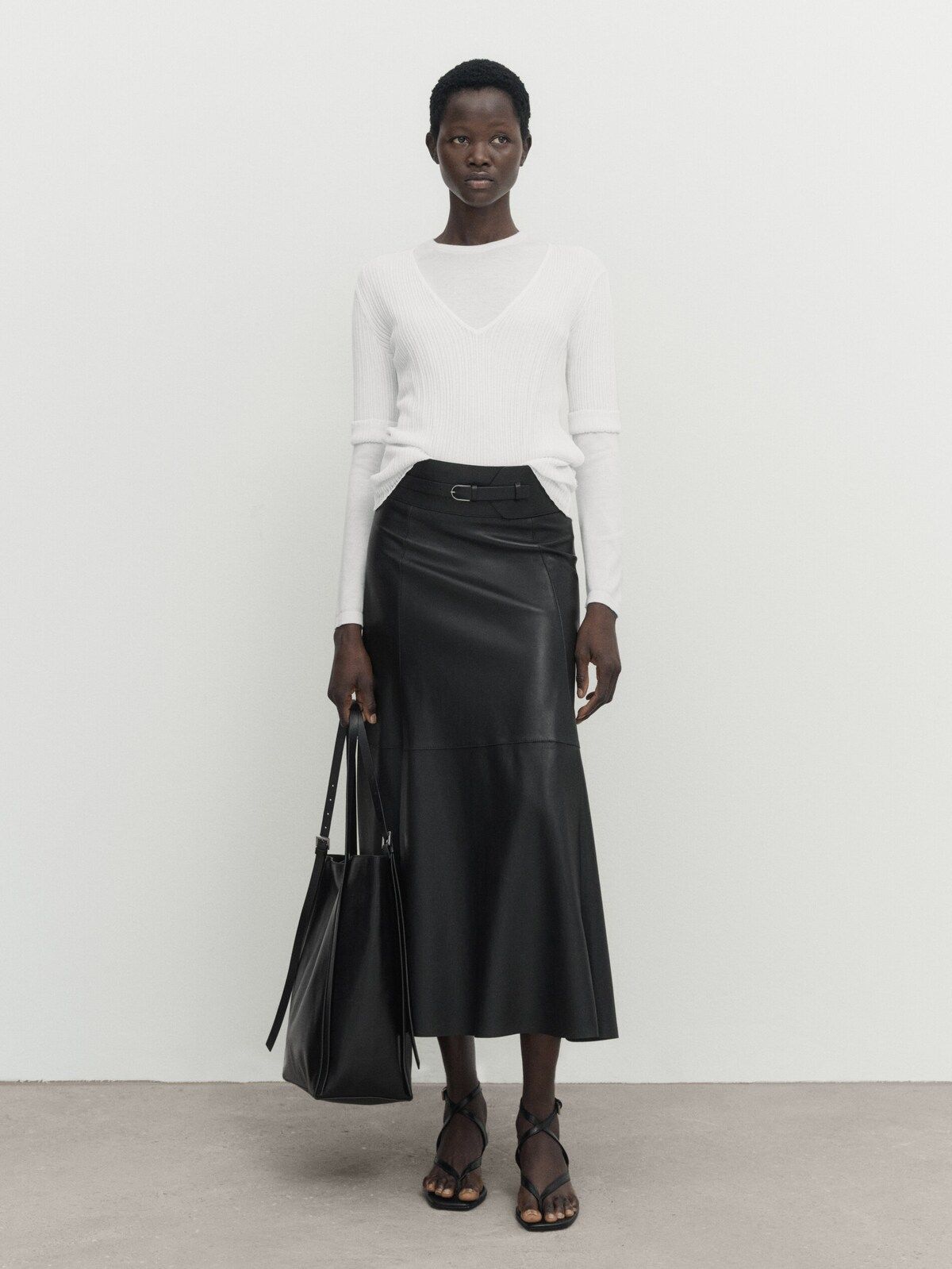 Nappa leather skirt with belt | Massimo Dutti UK