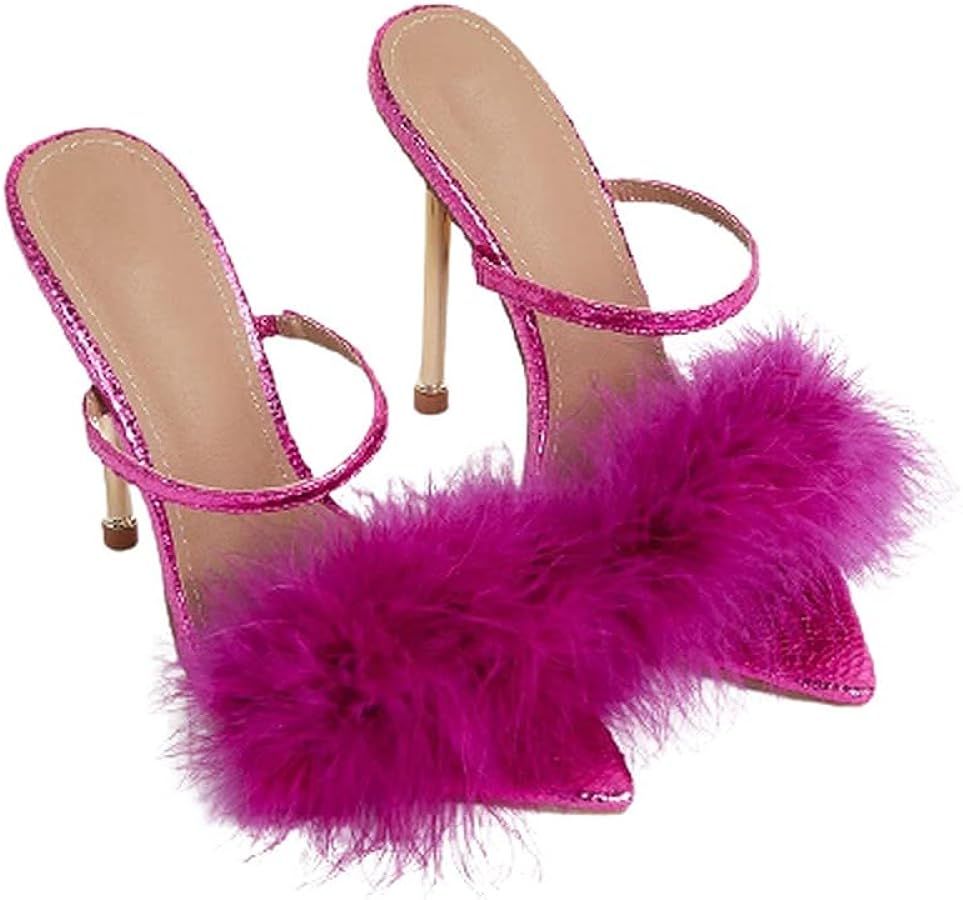 Women's Pointed Toe Fur high Heels Slip on Sandals | Amazon (US)