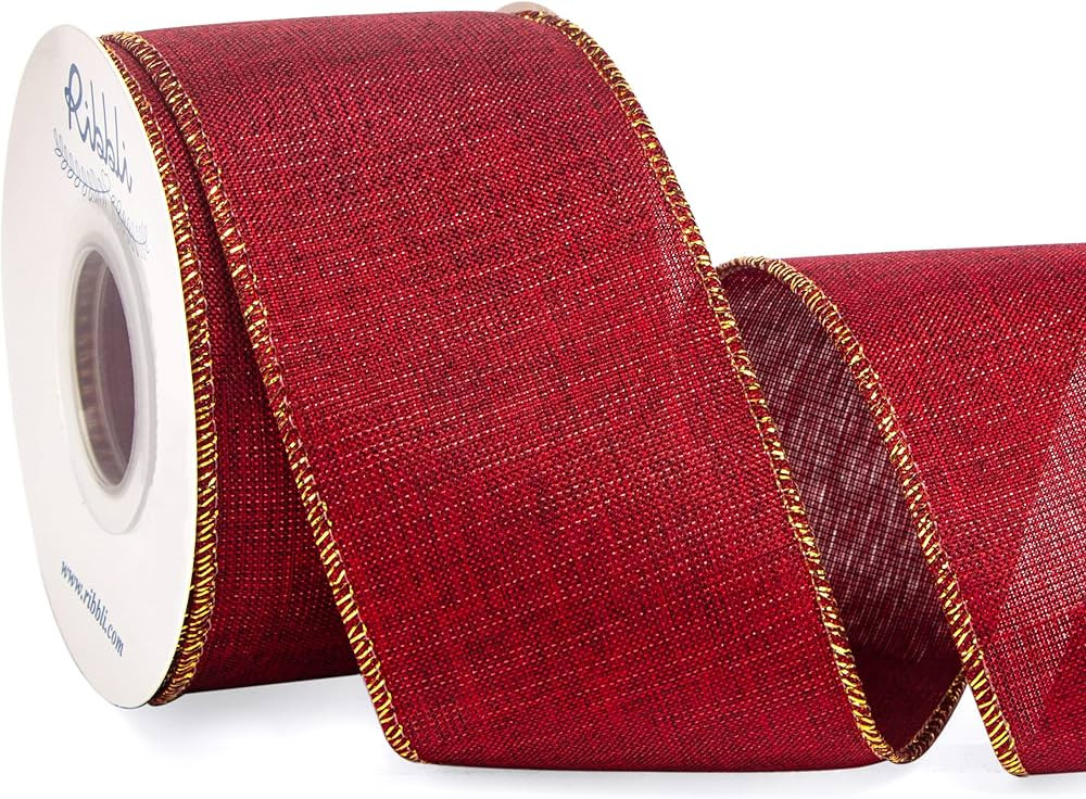 Ribbli Metallic Dark Red Linen Wired Ribbon,2-1/2 Inch x Continuous 10 Yard, Red Burlap Ribbon wi... | Amazon (US)
