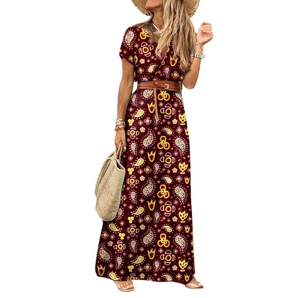 Short Sleeve Belt Beach Floral Print Long Maxi Dresses for Women Sleeveless Summer Ladies Boho Be... | Walmart (US)
