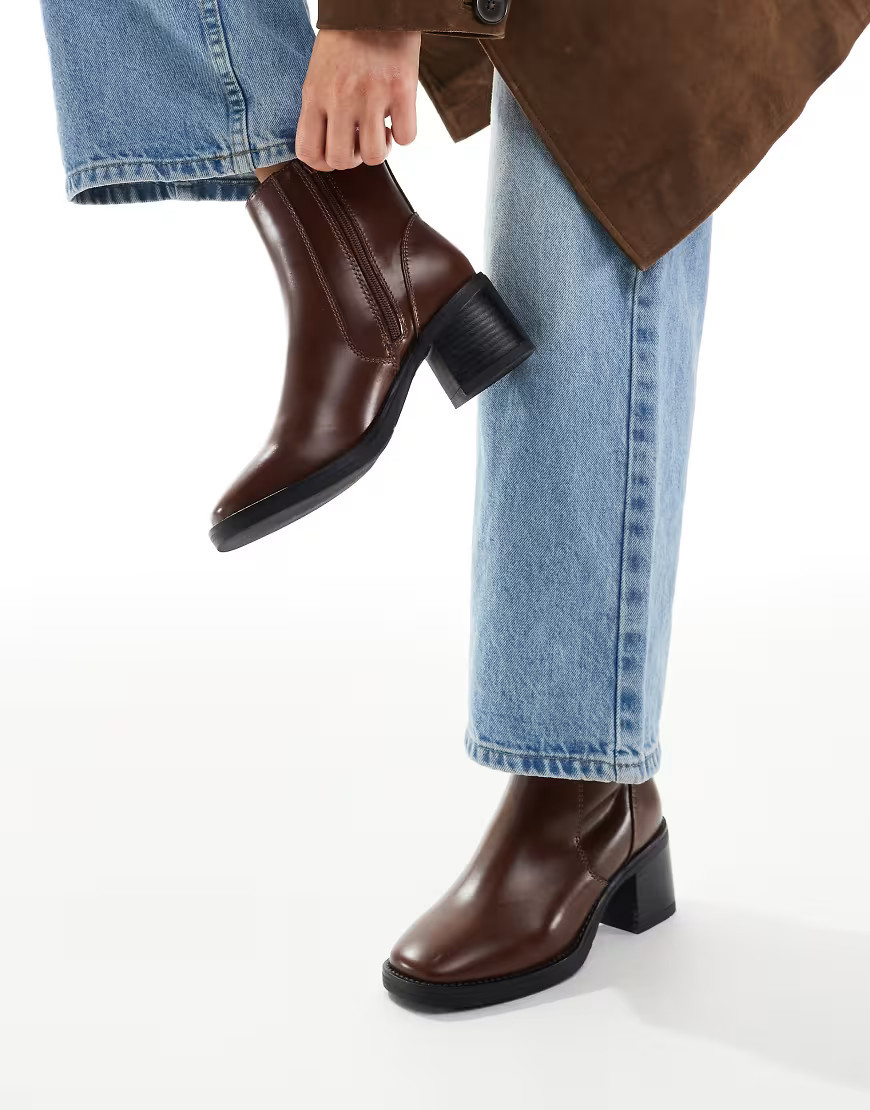 New Look square toe heeled ankle boot in tan-Brown | ASOS (Global)