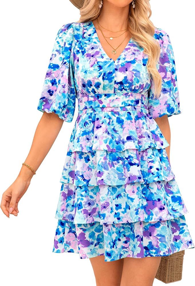 WICIWI Women's Summer Dresses 2024 Casual Puff Sleeve V Neck Floral Print Boho Ruffle Layered A-L... | Amazon (US)