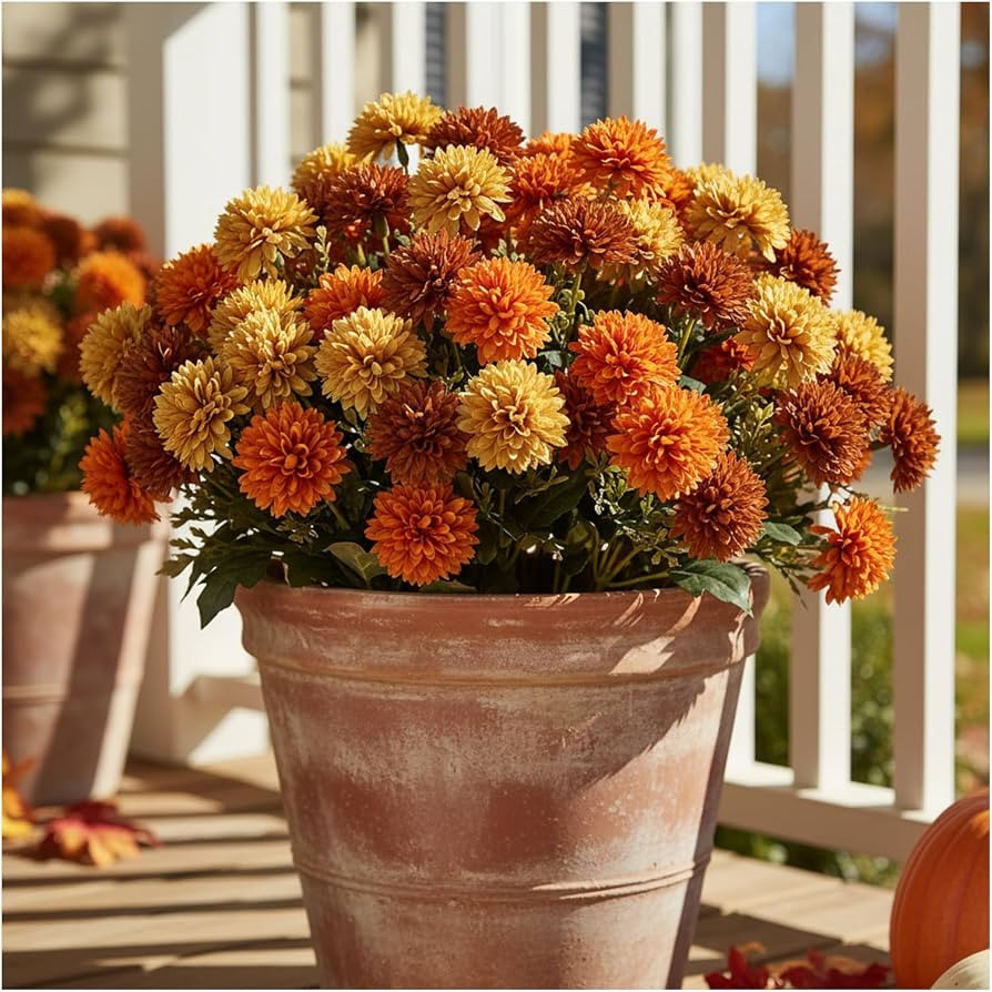 12 Bundles Artificial Mums for Outdoors, Silk Fake Fall Flowers with Bendable Plastic Stems, Wate... | Amazon (US)