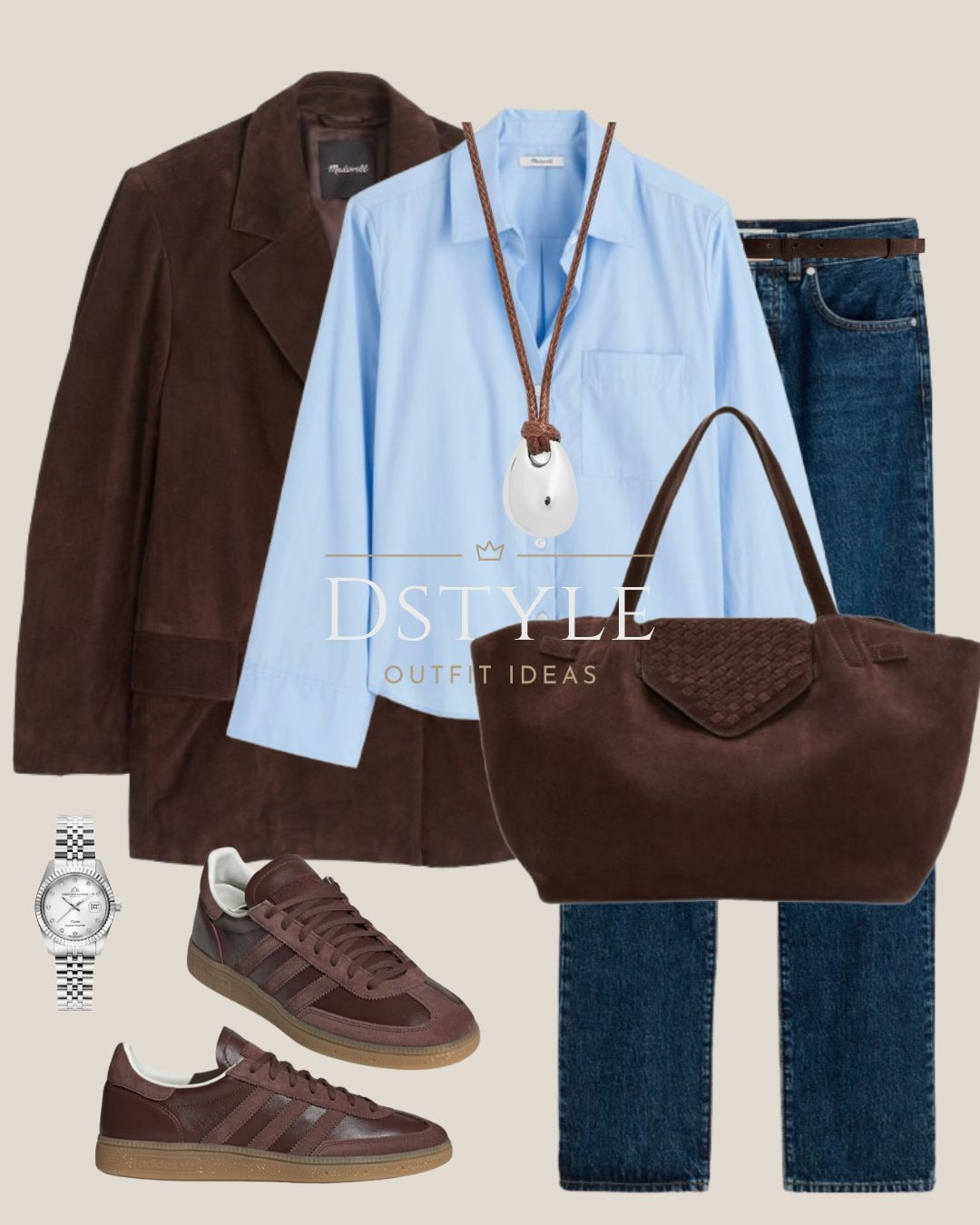 I've taken a classic combo—straight-leg denim and a light blue button-down shirt—and upgraded it with rich, chocolate brown suede.

The suede blazer and matching tote bag add a luxurious touch, while the retro sneakers keep the look grounded, comfortable, and perfect for all-day wear. It's the ultimate smart-casual uniform!

#fallfashion #suedeblazer #smartcasual #denimstyle #highlowfashion #elevatedbasics #weekendstyle #outfitinspiration 

 

#LTKStyleTip #LTKWorkwear #LTKShoeCrush