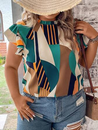 SHEIN LUNE Plus Geo Print Ruffle Trim Mock Neck Butterfly Sleeve Blouse | SHEIN