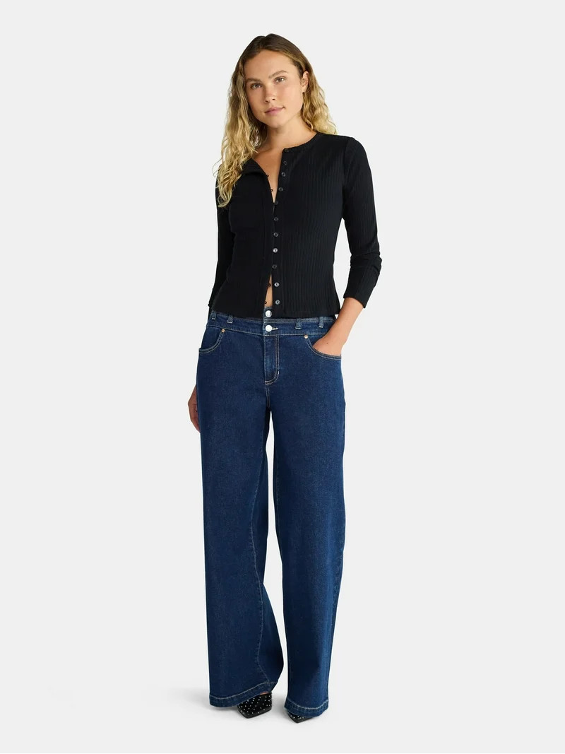 Madden NYC Women's Button Up Ribbed Top with Long Sleeves, Sizes XXS-XXL | Walmart (US)