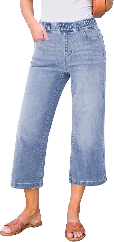 GRAPENT Capri Jeans for Women Wide Leg High Waisted Effortless Flow Pull On Stretchy Denim Elasti... | Amazon (US)