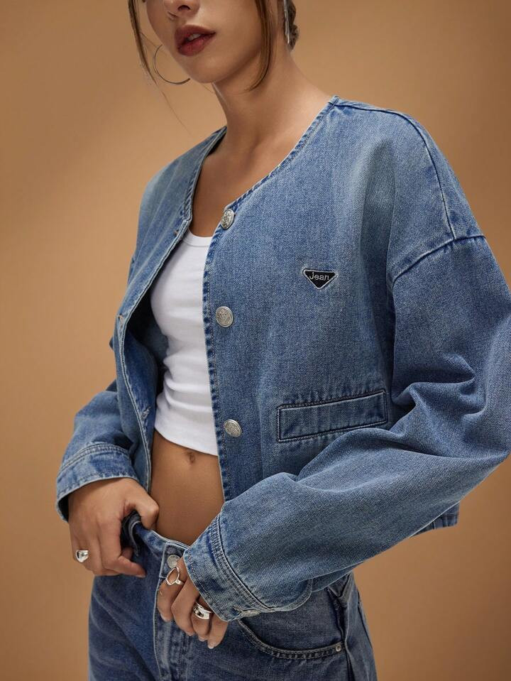 Forever 21 Women's Autumn Letter Embroidery Dropped Shoulder Long Sleeve Loose Casual Denim Jacke... | SHEIN