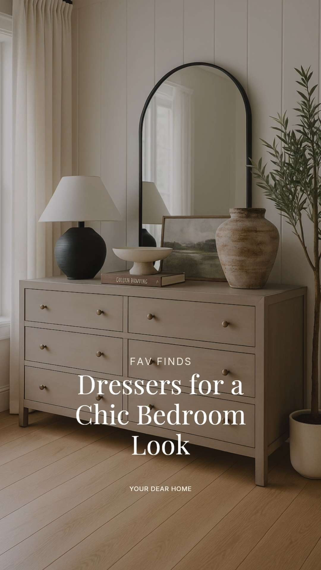 Chic bedroom dressers styled with warm wood tones, curved accents, and minimal decor to create a soft, elevated, and timeless bedroom look. 

 #LTKHome