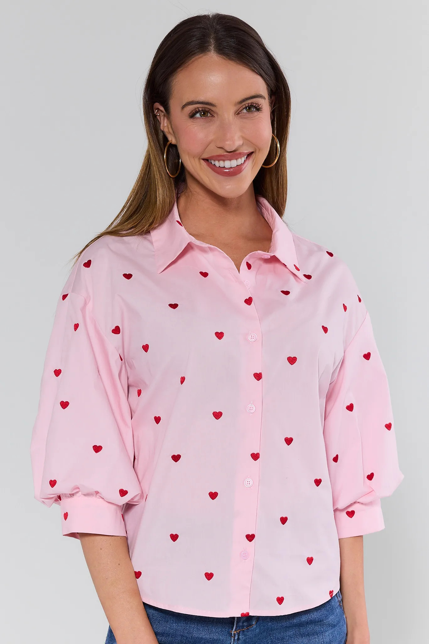 Claudia Pink Heart Button Up Top | Avara