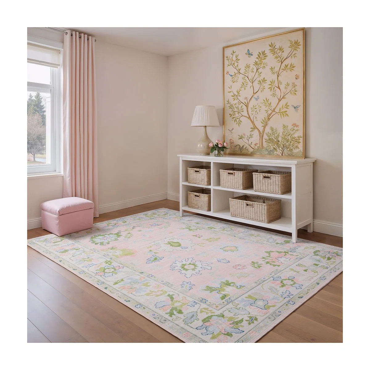 Bungalow Rose Kugler Traditional Bordered Floral Pink/ Green Printed Washable Flat Pile Area Rug ... | Wayfair North America