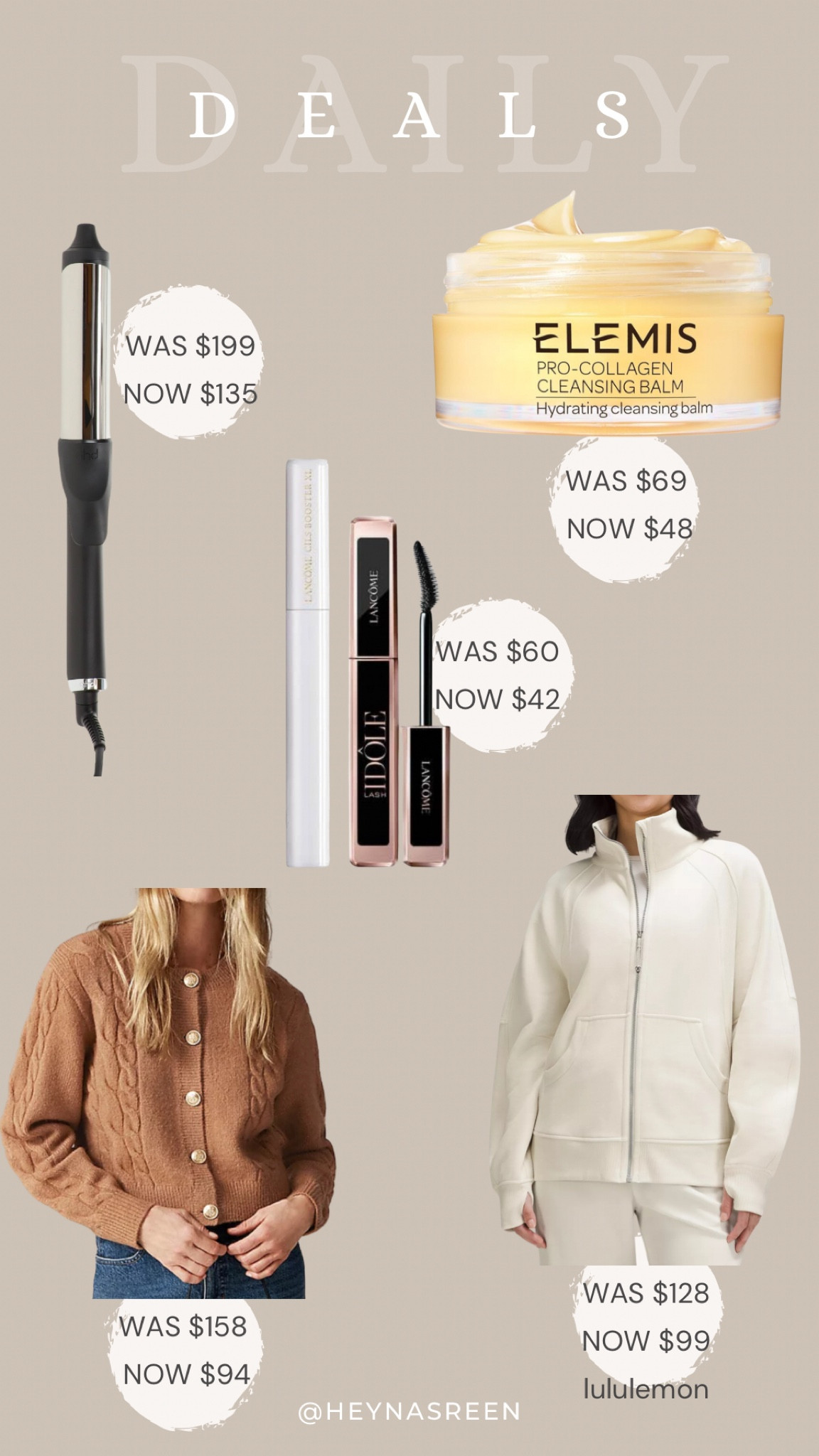 Daily deals on GHD curling iron, Elemis cleansing balm, Lancôme mascara & primer duo, J.Crew cardigan, lululemon scuba 

#LTKSaleAlert