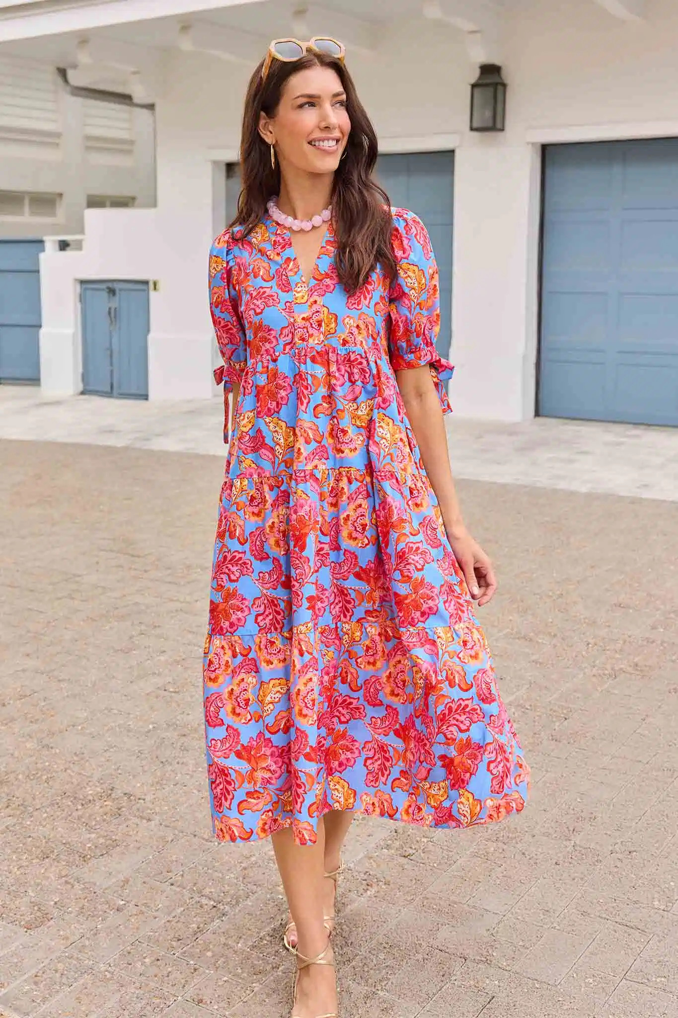 Harriet Blue Floral Printed Midi Dress | Avara