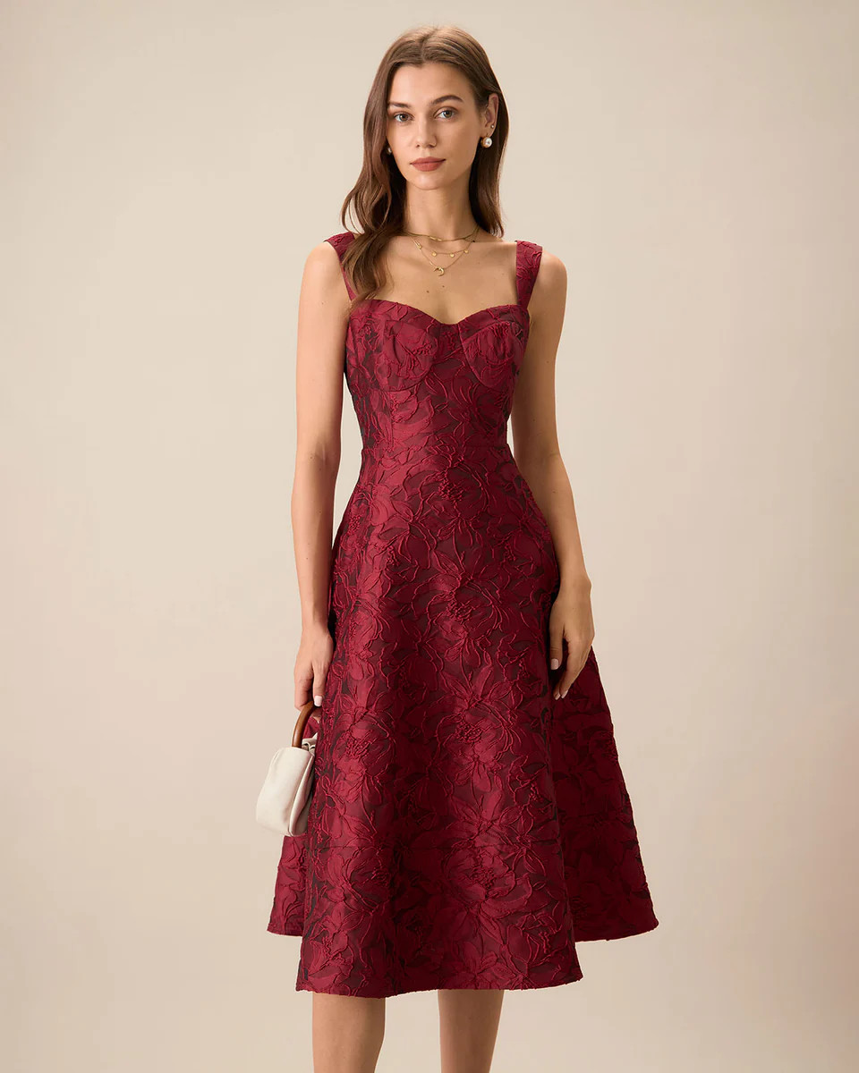 The Red Sweetheart Neck Jacquard Midi Dress | rihoas.com