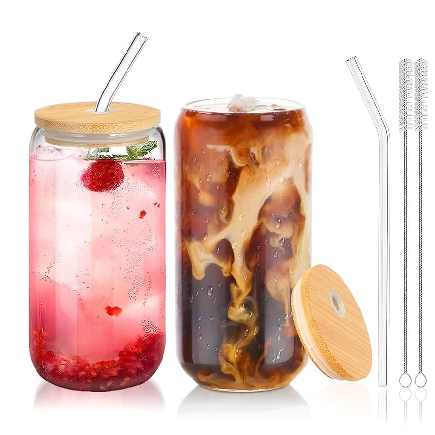 Glass Cups with Lids and Straws 2Pcs,Cute Glass Cups for Iced Coffee Smoothies Whiskey Matcha Moj... | Amazon (US)