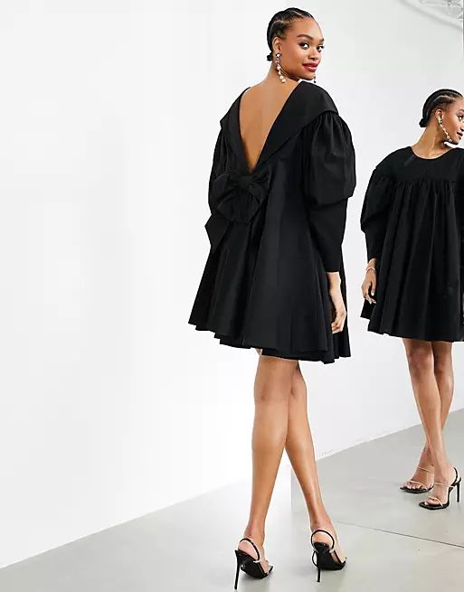 ASOS EDITION oversized bow V-back smock dress in black | ASOS (Global)