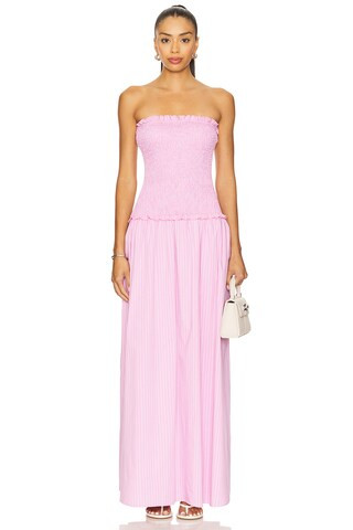 MORE TO COME Izabella Strapless Maxi Dress in Pink Stripe from Revolve.com | Revolve Clothing (Global)