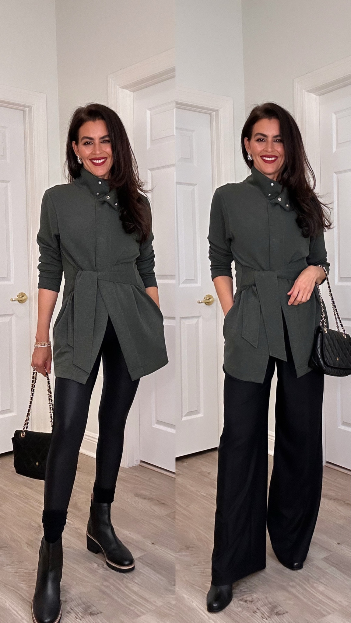 ‼️All sizing and details⬇️
Wearing a size S in the jacket, bodysuit and leggings.
Lipstick color is pomegranate.
Booties are tts. Size M x32” in wide leg pants, I should have gotten a size S. 


#LTKOver40 #LTKShoeCrush #LTKStyleTip