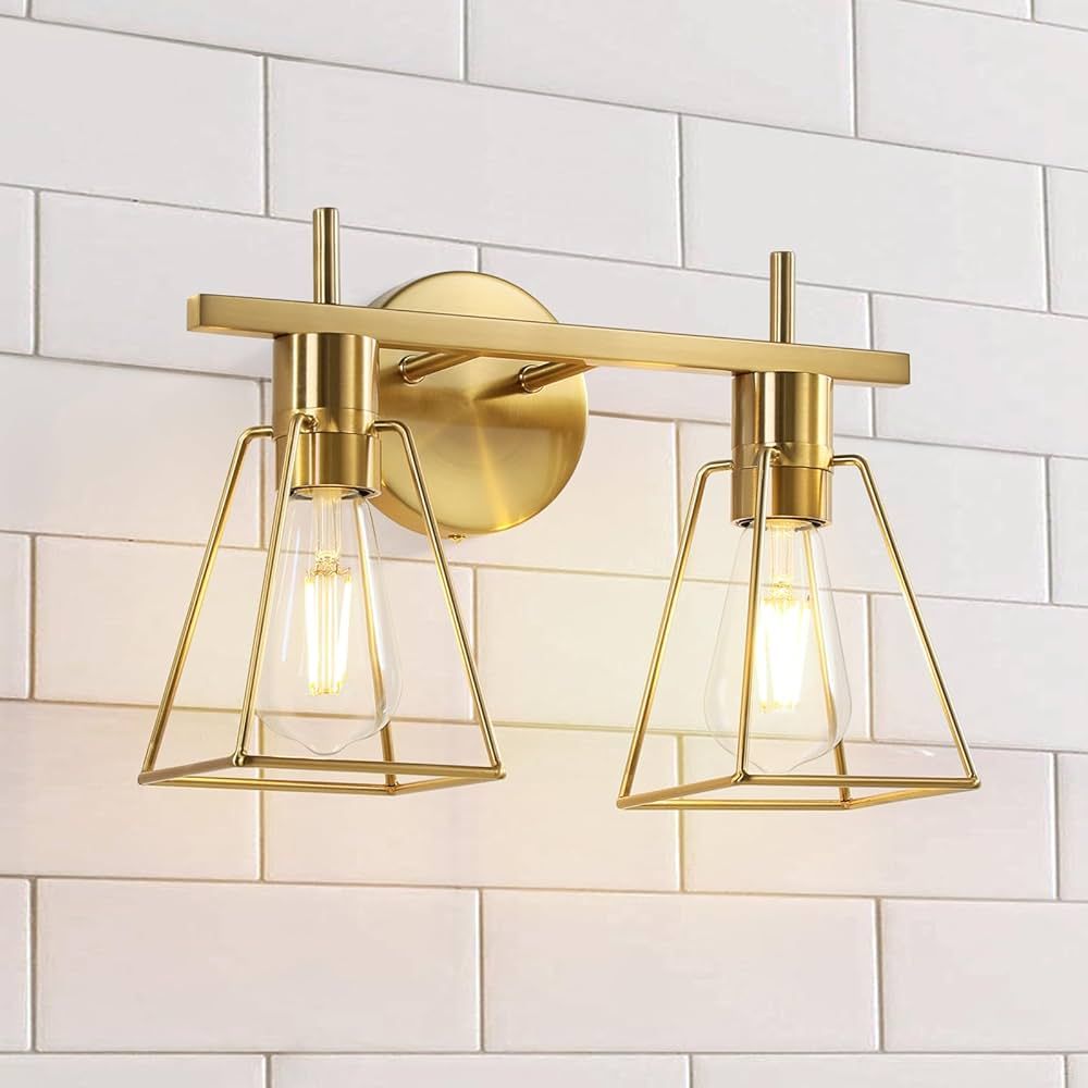 HAHZT Industrial Bathroom Vanity Lights: 2-Lights Brush Gold Vintage Metal Cage Wall Sconces - Ru... | Amazon (US)