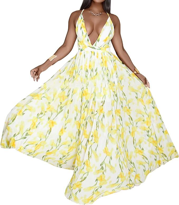 FANDEE Summer Dresses for Women Maxi Sexy Strap Floral Chiffon V Neck | Amazon (US)