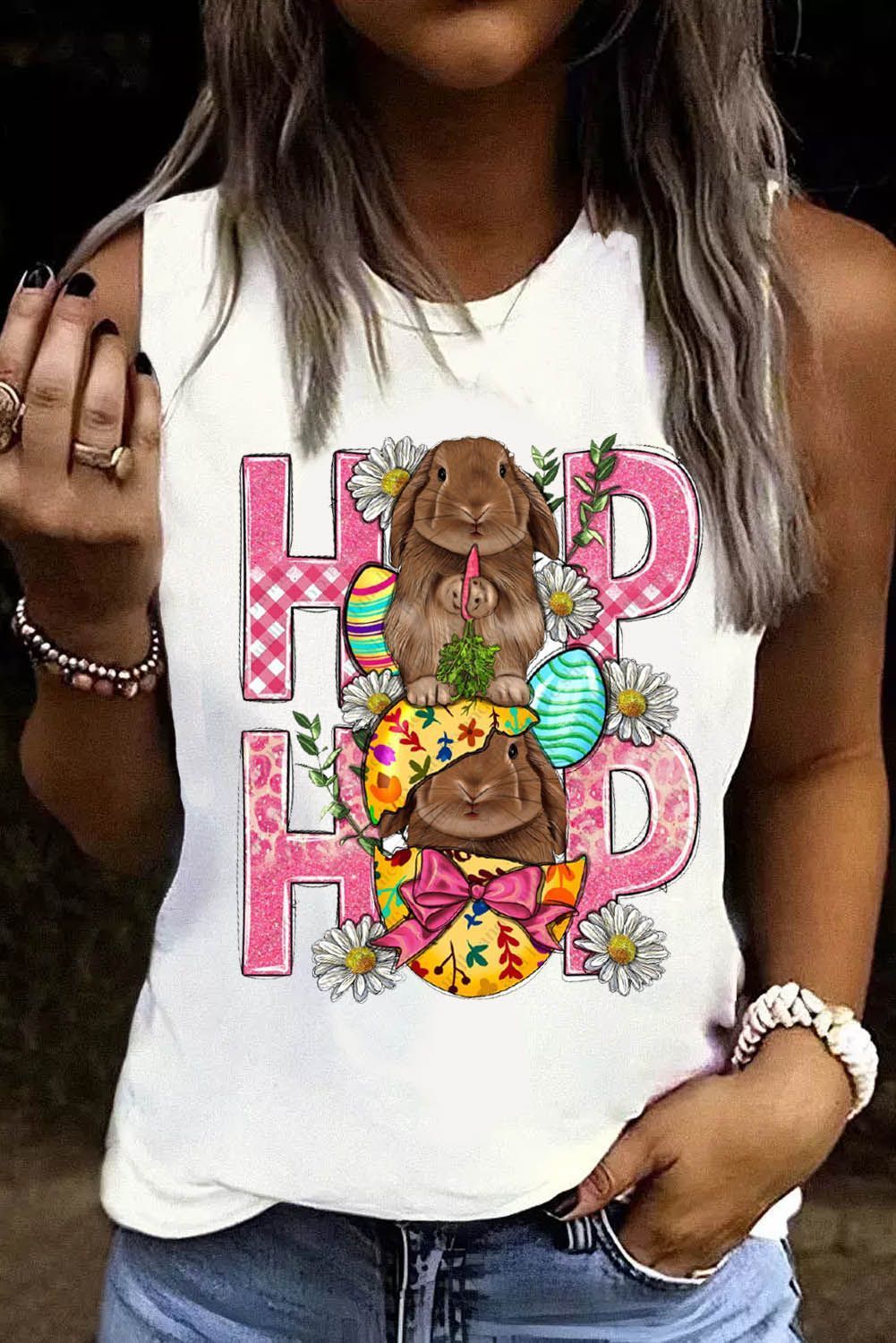 Easter Rabbit Egg Round Neck Shift Casual Tank Tops | Evaless