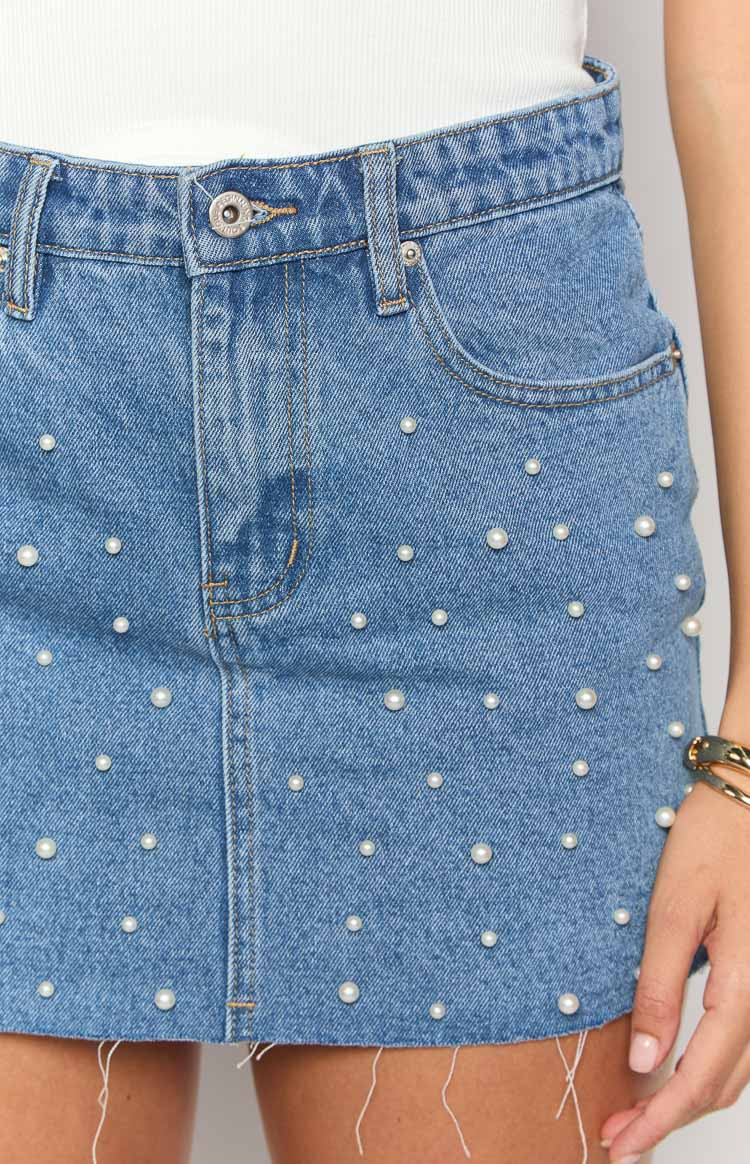 Denim Dazzle Pearl Mid Wash Mini Skirt | Beginning Boutique | Beginning Boutique (US)