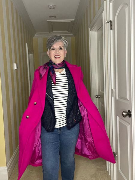 Are you a fan of lady jackets and striped tees?  I LOVE 💗 this French-inspired look!  I took an @jcrewfactory striped tee and paired it with a blue tweed lady jacket.  I added medium wash straight jeans , a pretty scarf, and black booties.  Then if you watch until the end, you’ll see I topped the look off with a fuchsia 🩷@talbotsofficial coat that is so pretty and so warm. 🩷🩷🩷Share this post with your friends who love this mix of ladylike items worn with jeans.  Happy Monday!
Subscribe to my FREE NEWSLETTER @drjulieslife.com

#LTKfindsunder50 #LTKSeasonal #LTKstyletip