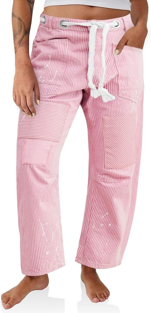 PLNOTME Womens Baggy Barrel Horseshoe Jeans Wide Leg Patchwork Low Rise Denim Pants with Pockets | Amazon (US)