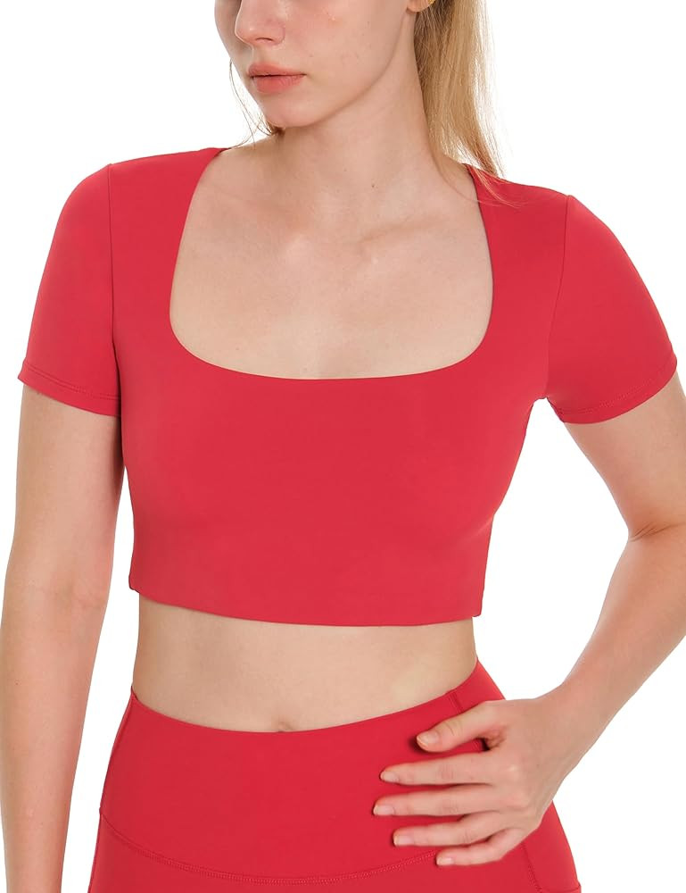 Women's Workout Crop Tops Yoga Tight T-Shirts Square Neck with Pad Bra Compression Tee Cream Feel... | Amazon (US)