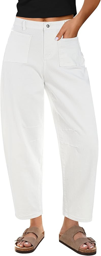 GRAPENT Barrel Jeans for Women Trendy Cropped High Waisted Patch Pocket Baggy Stretch Denim Pants... | Amazon (US)