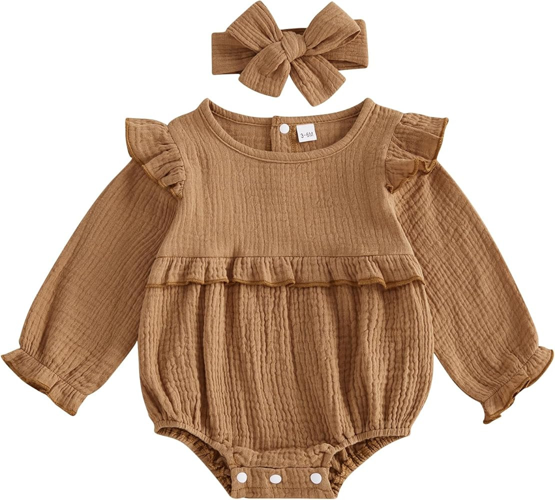 Mobbdow Newborn Infant Baby Girl Clothes Cotton Linen Long Sleeve Smocked Bubble Romper Ruffle Bo... | Amazon (US)