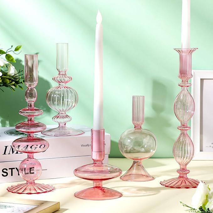 Nuogo 5 Pieces Glass Candlestick Holders Modern Candle Holder Candlestick Wavy Glass Elegant Cand... | Amazon (US)