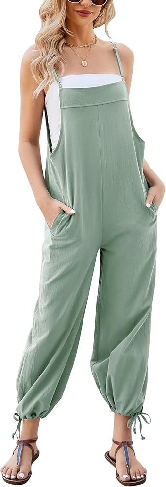 ROJZR Womens Cotton Linen Bib Overalls Adjustable Spaghetti Strap Jumpsuits Wide Leg Romper with ... | Amazon (US)